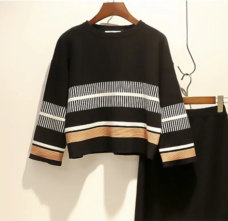 Женские трикотажные джемперы размера плюс XL-5XL, топы и юбки, костюмы в полоску с длинным рукавом, пуловеры, свитера, элегантные женские комплекты из 2 предметов