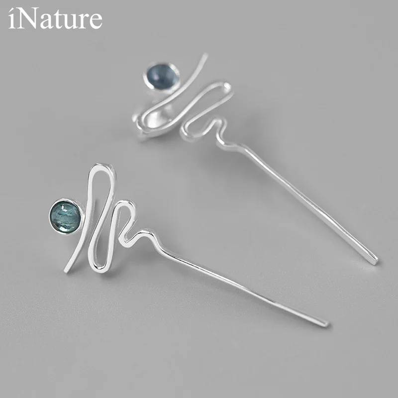 INATURE 925 Sterling Silver Natural Tourmaline Curve Design Fashion Stud Earrings for Women Modern Female Jewelry | Украшения и