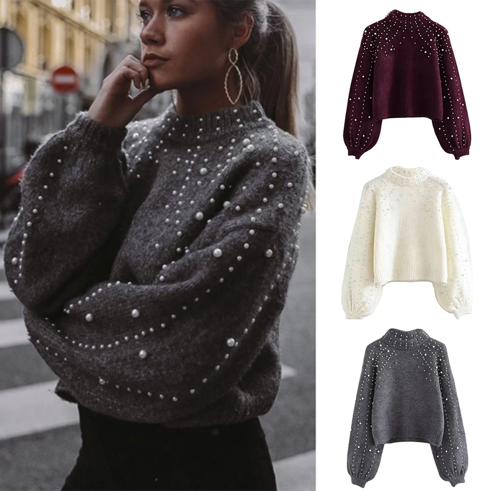 

Women Fashion Beading Knitted Sweaters Long Loose Lantern Sleeve Autumn Sweater Pullover O neck Solid Jumper For Women 2019