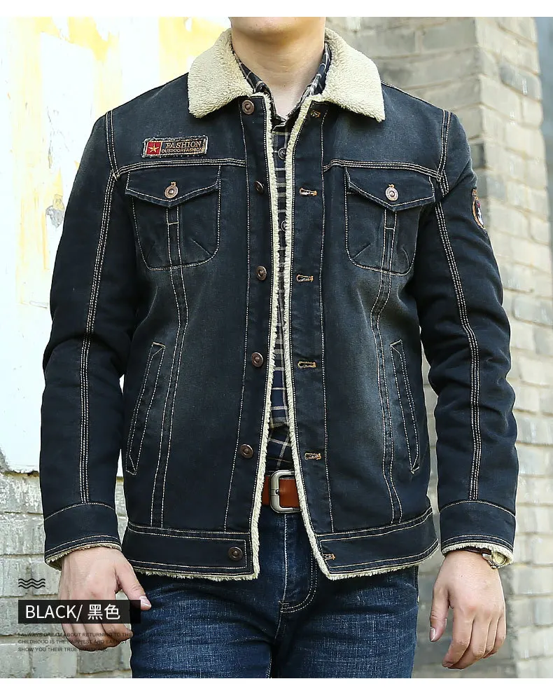 black Denim Jacket Джинсовая куртка для человека, флисовая Вельветовая утепленная куртка, хлопковая пуговица, Ретро стиль, повседневная одежда в американском стиле, Прямая - Цвет: black Denim Jacket