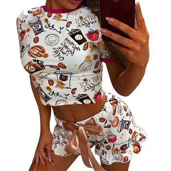 

Littlerossa Cute Coconut Pattern PrintTwo Piece Pajama Sets Sleepwear Women Fashion Casual Short Sleeve Crop Tops Shorts Sexy