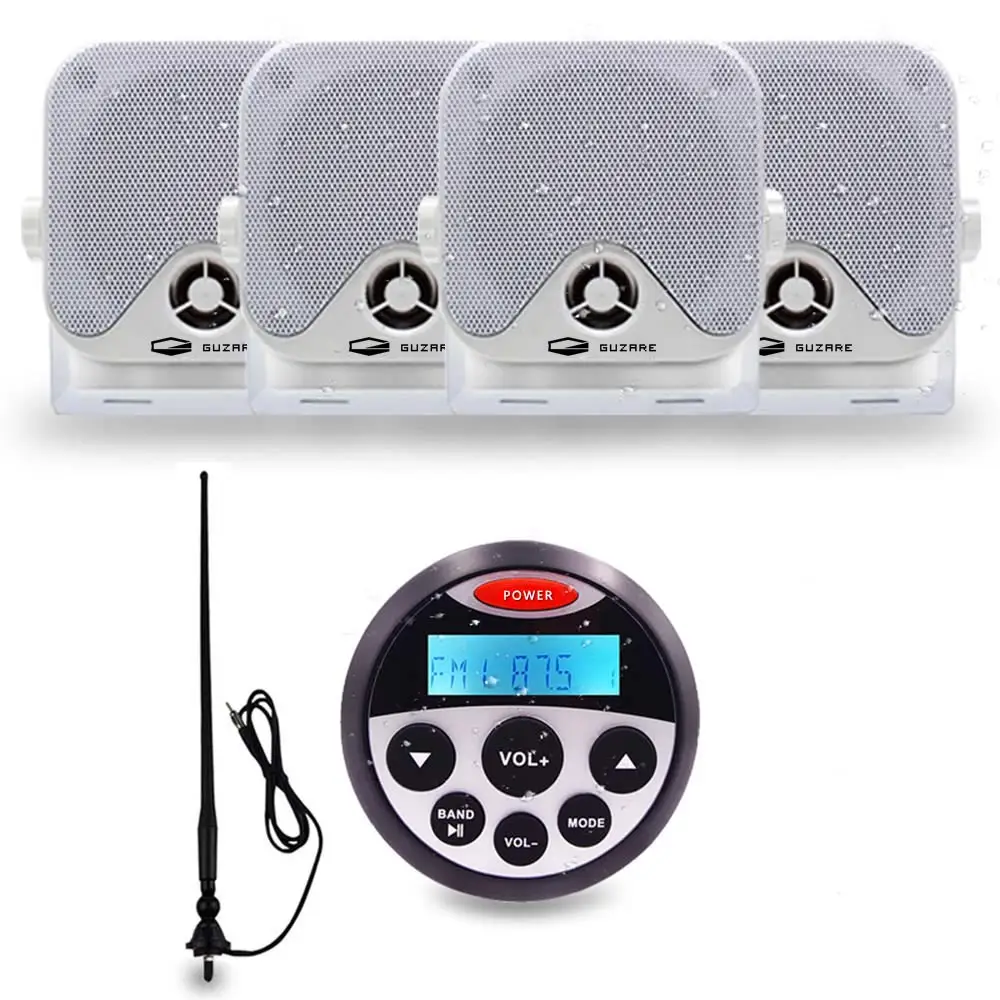 

Marine Radio Bluetooth Stereo Audio Receiver MP3 Player+2 pairs 4 inch Waterproof Heavy Duty Marine Box Speakers + FM AM Antenna