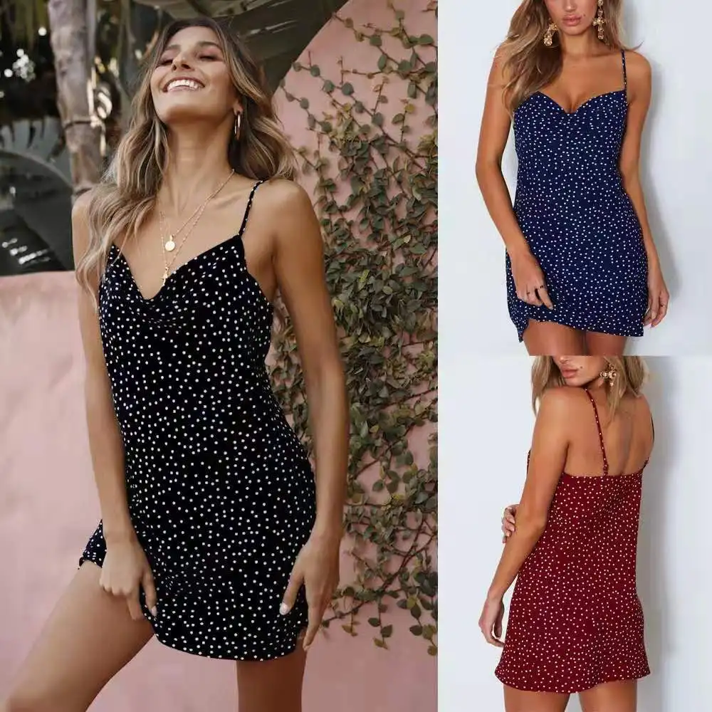 

Women Summer Beach Dress New Arrival Dots Print sexy Women spaghetti strap Dress Ladies Dresses Boho Dress Holiday Evening Part