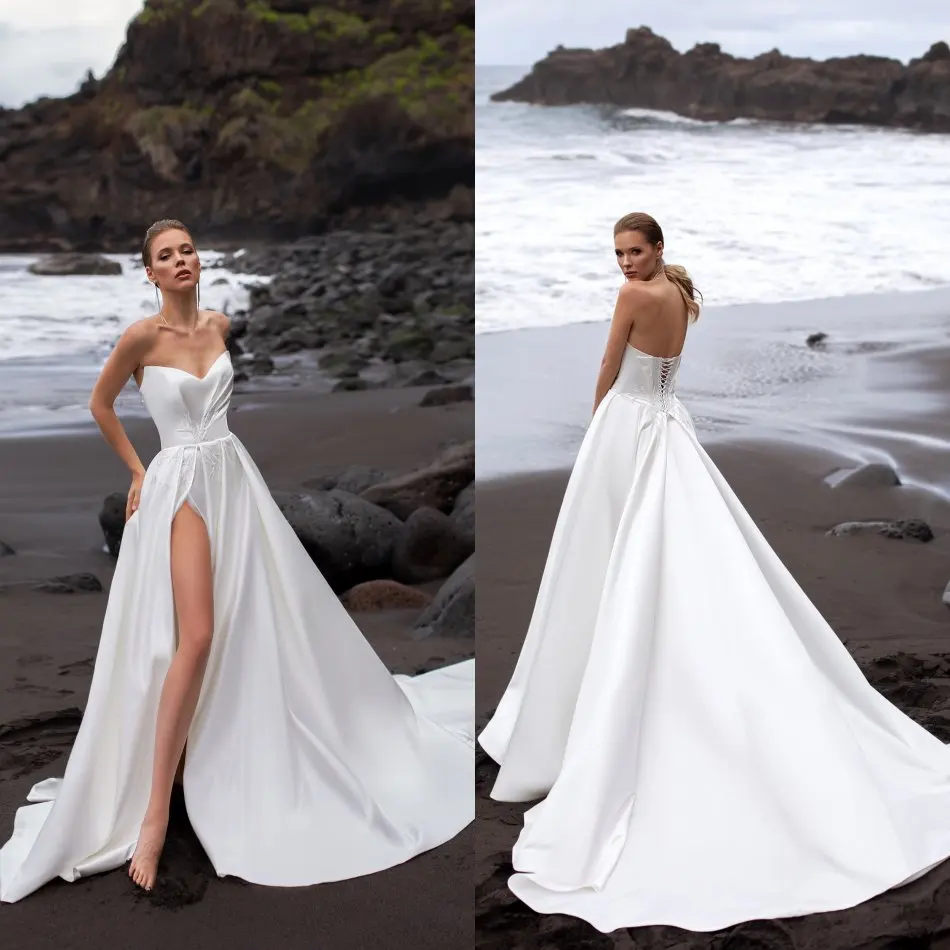 

Bohemian Split Wedding Dress 2020 Beading Beach Wedding Gowns Sweetheart Sleeveless Luxury A Line Vestido De Noiva