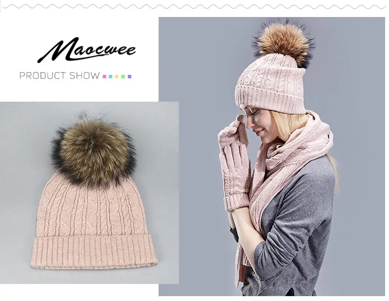 Real Fur Pompom Winter Knitted Hats For Women Hat Scarf Glove Set 3 Piece Sets Twist stripes Cap Gorros Bonnet Beanie Skullies