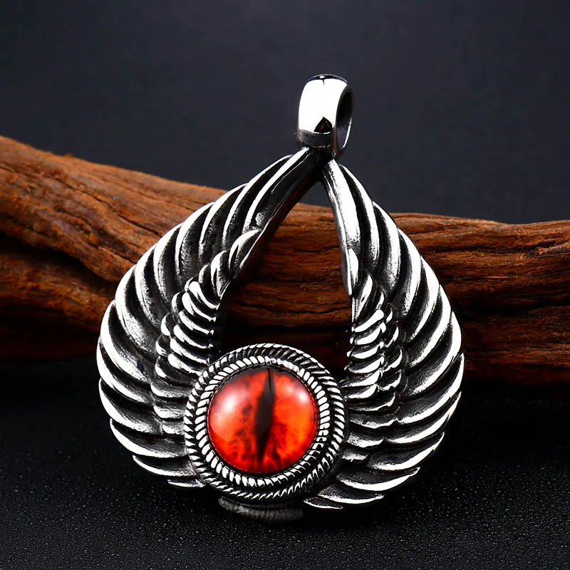 Stainless Steel Winged With Evil Red Eye Feather Pendant Necklace For