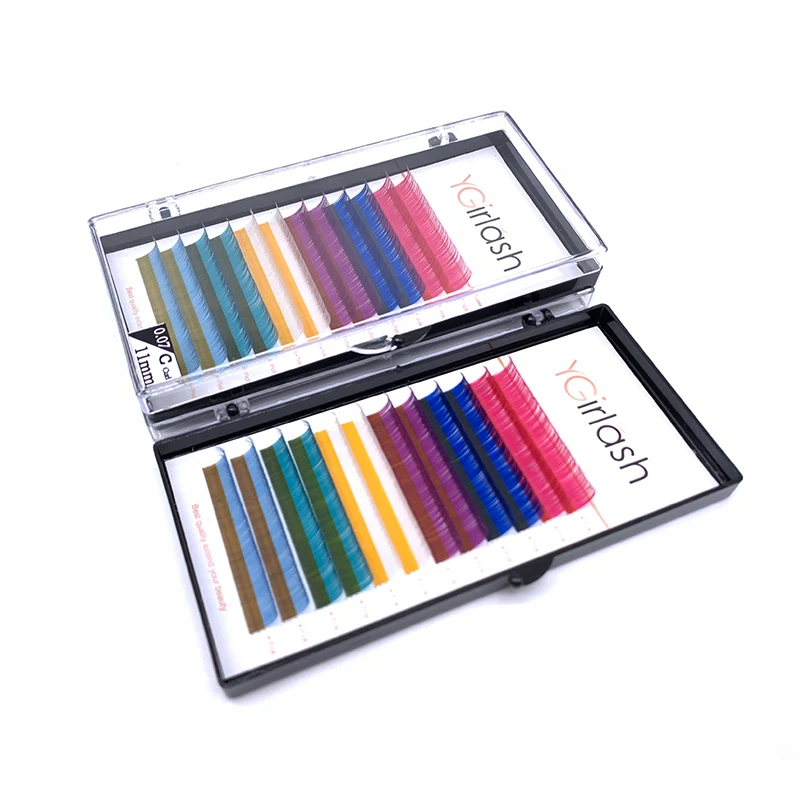 

12rows 0.07mm Thickness Pink Red Blue Purple White Mix Color Individual Lashes Colorful Premium Silk Mink Eyelash Extensions