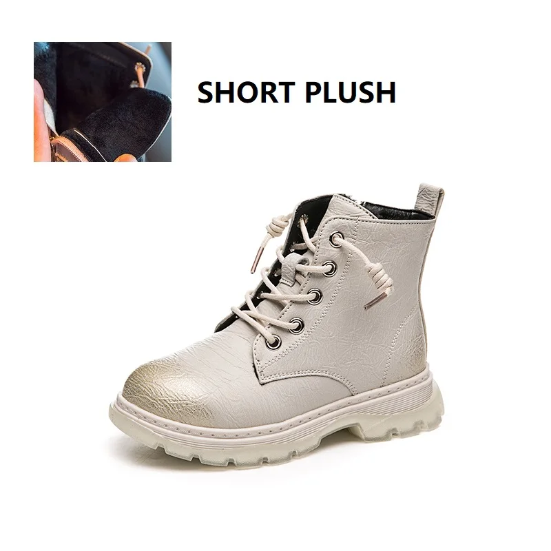 short plush beige Ботинки для девочек; Новинка года; модные ботинки в Корейском стиле для мальчиков; зимняя детская обувь; Детские теплые плюшевые ботильоны; Войлочные ботинки для девочек - Цвет: short plush beige