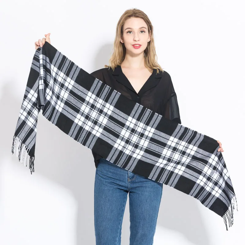 Зимний клетчатый шарф для женщин Шерстяной палантин Теплые шали и обертывания кашемир длинный кисточкой женское одеяло Foulard
