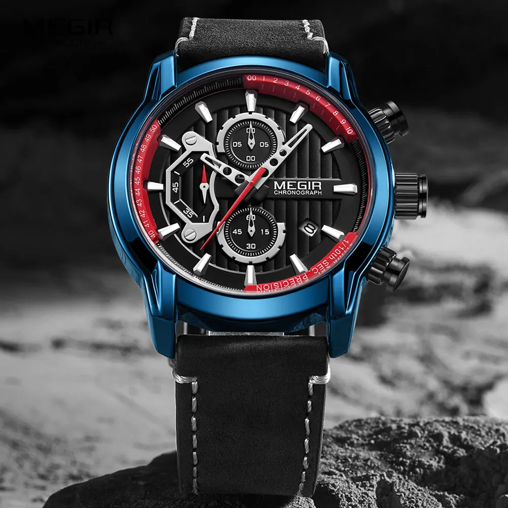 $20.61 Megir Luxury Chronograph Quartz Watches Men Top Brand Leather Wristwatch Man Waterproof Luminous