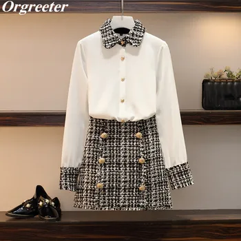 

L-4XL 2020 Spring Fall 2 Piece Set Women Tweed Tassel Chiffon Shirt Top + Golden lion Double-Breasted Tweed Mini Skirt Suits