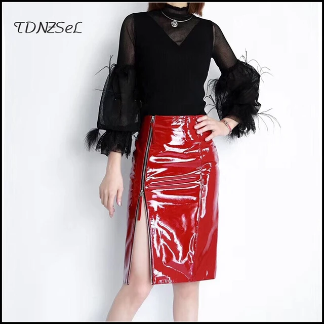 LATEX PENCIL SKIRT Shine Patent Leather Black High Rise Split Zipper Vinyl  PVC