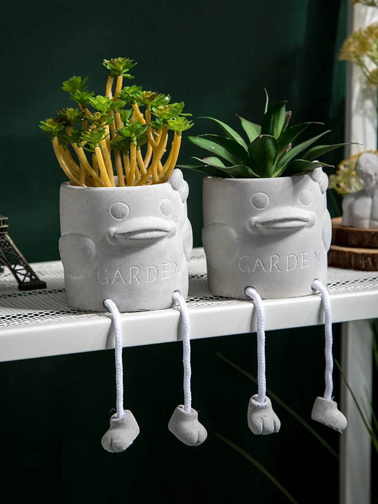 

Creative Cement Material Sitting Doll Potted Plant Bonsai Wall Hanging Foot Doll Cute Animal Decoration Animal sculpture