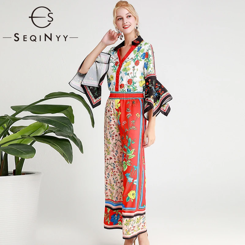 

SEQINYY Women Set 2020 Spring Autumn New Fashion Design 3/4 Flare Sleeve Loose Shirt Elastic Long Pants Flower Orange Print Suit