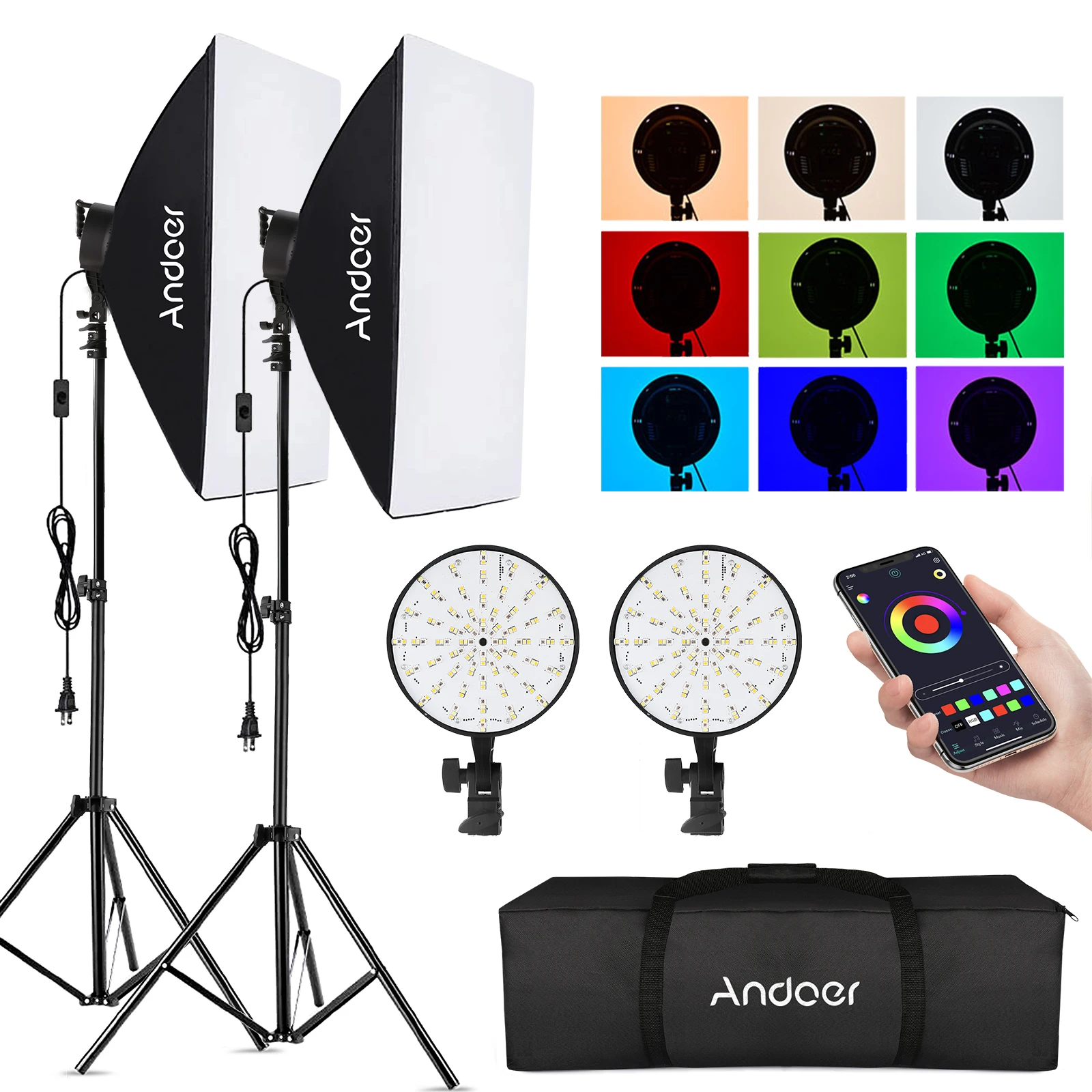 Andoer Studio Photography RGB Softbox Lighting Kit APP Control w