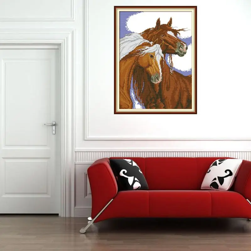 Horse Couple Handmade Needlework Counted Cross Stitch Embroidery Kit 14CT Home Decor Q6PE