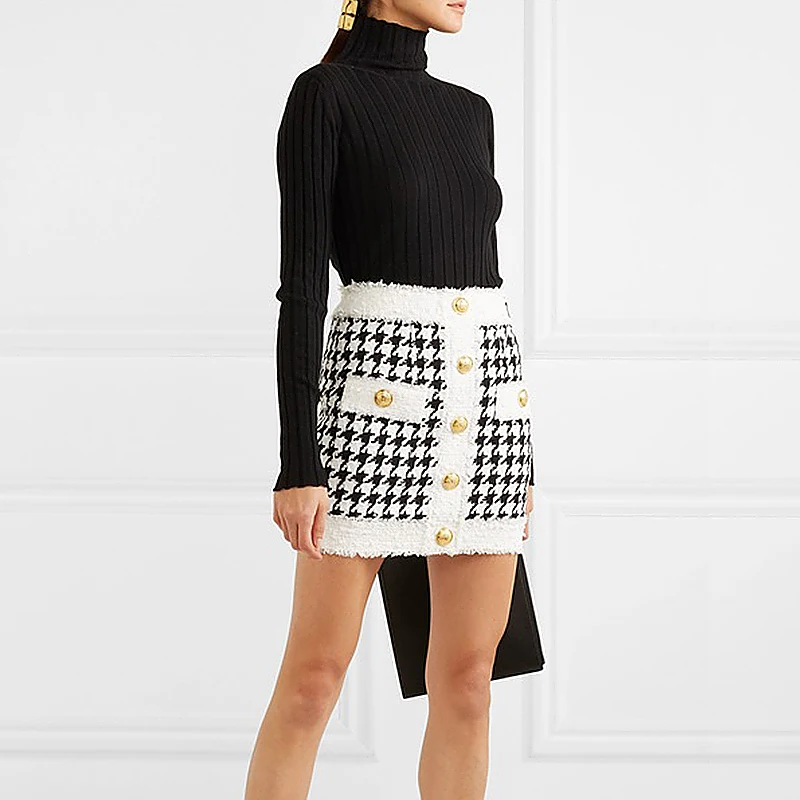 Осенне-зимняя дизайнерская подиумная Женская мини-юбка, Элегантная Лоскутная Женская юбка с пуговицами, винтажная белая черная трикотажная юбка