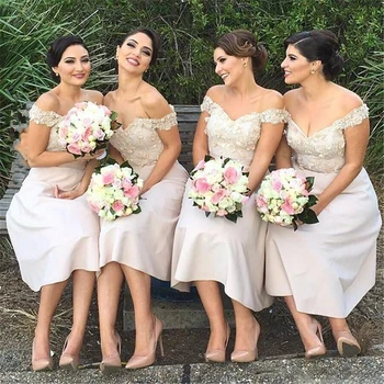 

Elegant Off The Shoulder Bridesmaid Dresses Lace Appliques Tea Length Bridesmaid Gowns Cheap Wedding Guest Women Party Dress