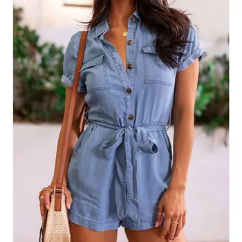 

2020 Summer Light Blue Female Jumpsuit Solid Color Turn-Down Collar Short Sleeve Jumpsuit Bodysuit for Women Jumpsuits New