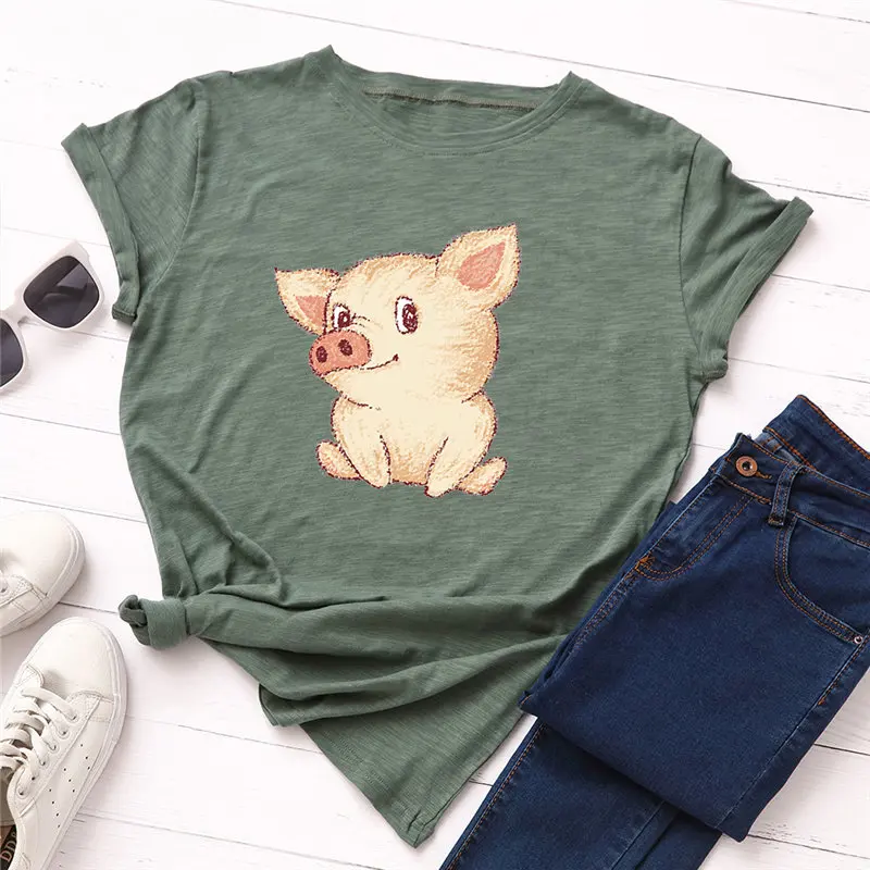 Plus Size 100% Cotton Women T-shirt O-Neck Cute Pig Printed Casual Female Top Tees Good-quality Summer T shirt S-5XL | Женская одежда