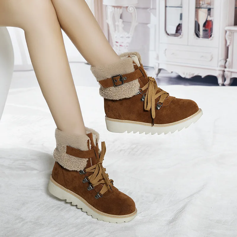 

2020 Autumn And Winter New Style Korean-style Lambs Wool Warm Fur Boots Women's round-Toe Flat Heel Lace-up WOMEN'S Ankle Boots