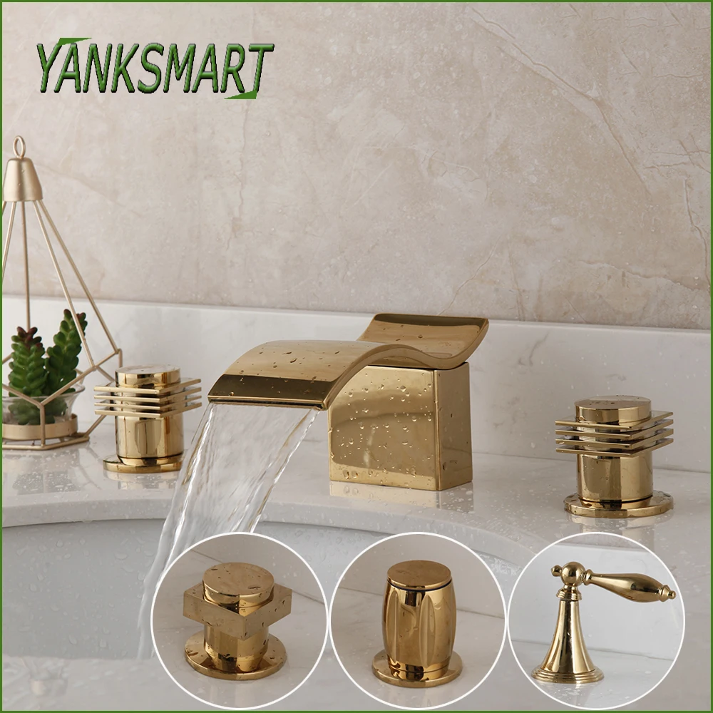 

YANKSMART Gold 3 Piece Bathtub Faucet Bathroom Basin Sink Deck Mounted Dual Handles Waterfall Spout Faucets Mixer Water Tap