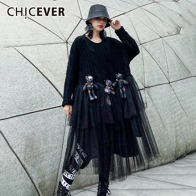 CHICEVER Patchwork Mesh Cartoon Knitted Sweater Women O Neck Long Sleeve Oversize Thick Pullovers Female Fashion Clothes