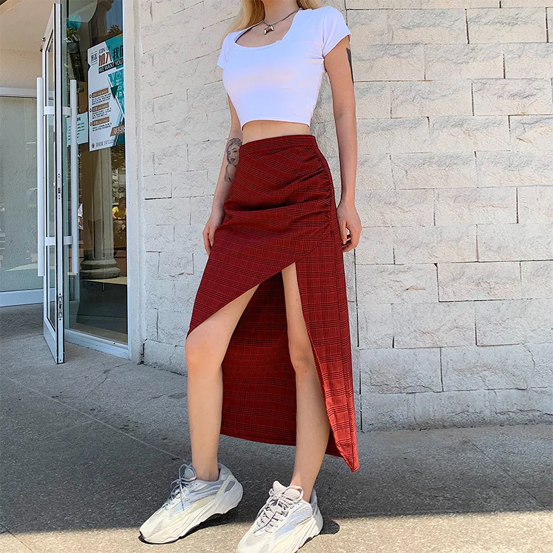 

Women Red Plaid Skirt High Waist Slim Midi Casual Vintage High Slit Irregular Jupes Falad Office Elegant Fashion 2020 Summer