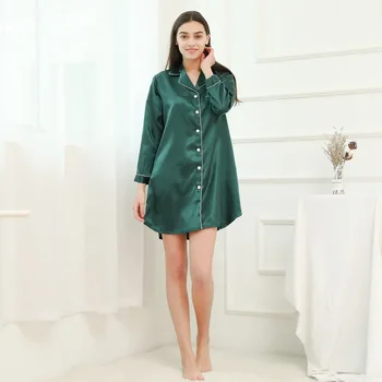 

Ladies long pajamas lapel skirt loose and comfortable solid color simulation silk pajamas women bathrobe summer home service