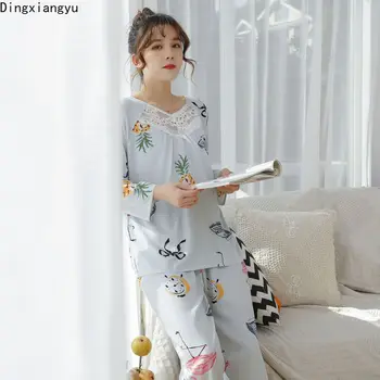 

DingxiangyuWomen's Cotton Simple Fashion Large Long-Sleeved Pajamas Set Floral Cotton Silk Leisure Tops Pyjamas Women