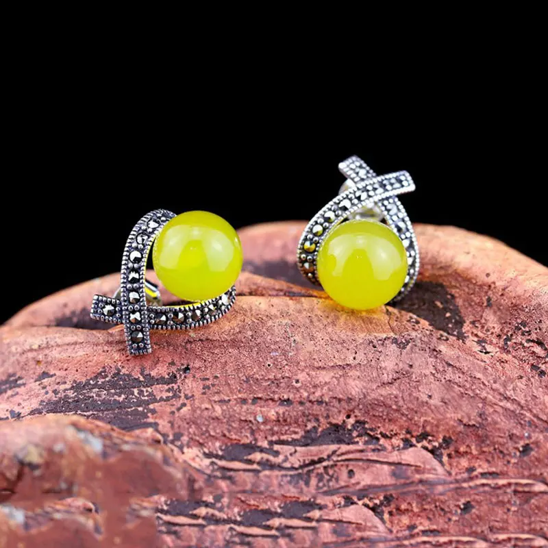 Yellow Agate earring FNJ 925 серебряные серьги для женщин ювелирные изделия желтый зеленый шар букле d'oreille S925 серебро серьги-гвоздики - Окраска металла: Yellow Agate earring