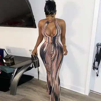 

SYSYWEL Summer Women Bodysuit 2020 New Sleeveless Sexy V-neck Skinny Women Jumpsuit Fashion Printed Casual Flare Long Tracksuit