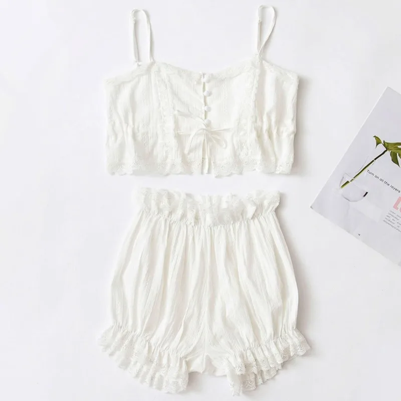 

QWEEK 2019 New Sexy Spaghetti Strap Pajamas Women Loose Breathable Cotton Pijamas Fashion Palace Style Sleepwear Lounge Pyjamas