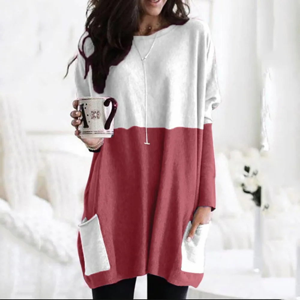 Туника, блузка, 5xl, для женщин размера плюс, Осень-зима, женские блузки с длинным рукавом, свободный карман, Повседневный пуловер, рубашки, большие стильные блузки