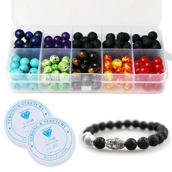 

200Pcs Colorful Chakra Beads Black Lava Rock Stone Loose Beads Set with 2 Roll Crystal String Toy for Girl DIY Bracelet Necklace