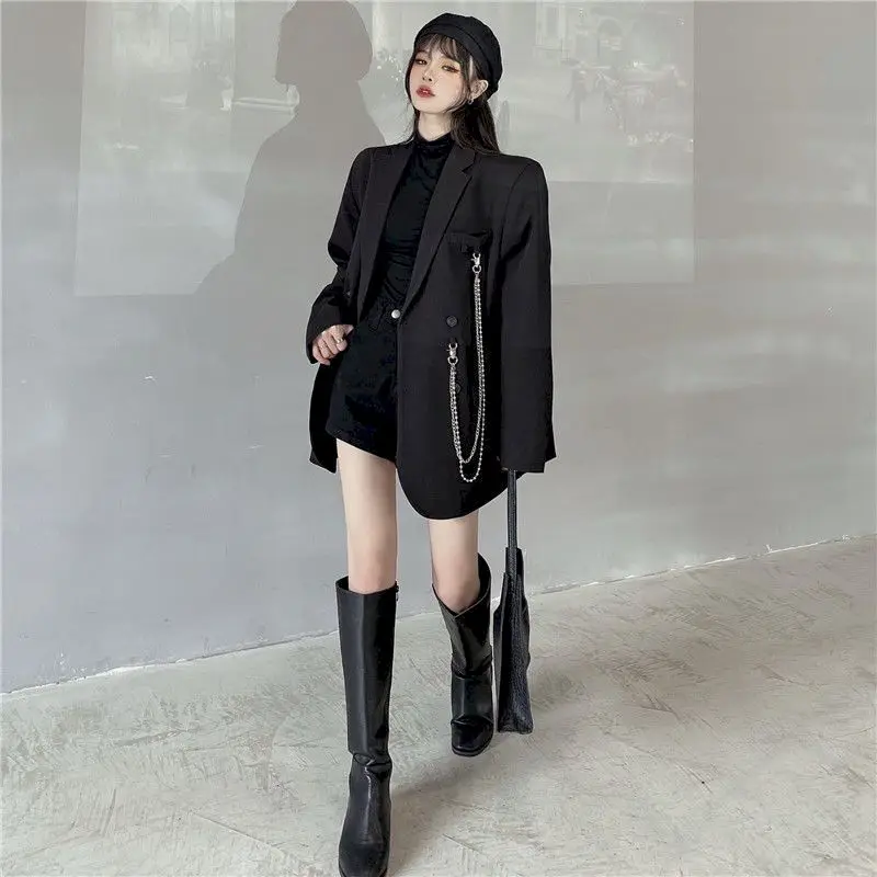 special occasion pant suits New Suit Jacket Women's Trendy Dark Black Retro Loose And Thin Fried Street Suit Jacket Women 2022 Spring And Autumn Loose A plus size dressy pant suits