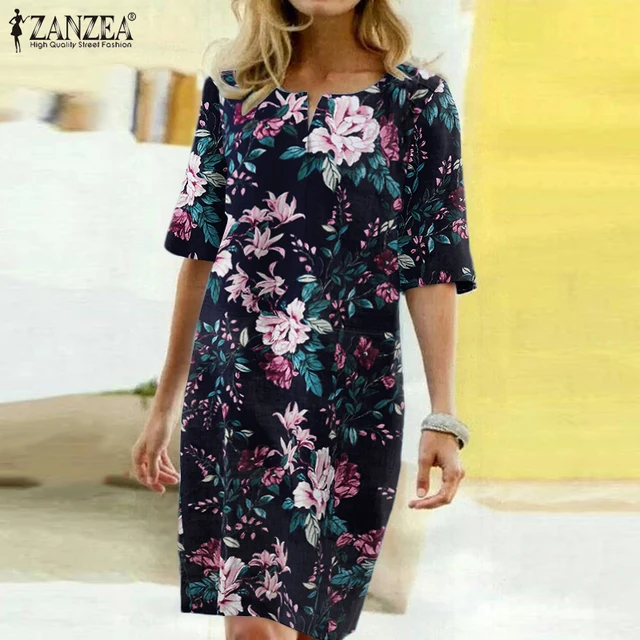 2021 Summer Floral Printed Bohemian Sundress ZANZEA Vintage Cotton Linen Party Short Dress Women Casual Short