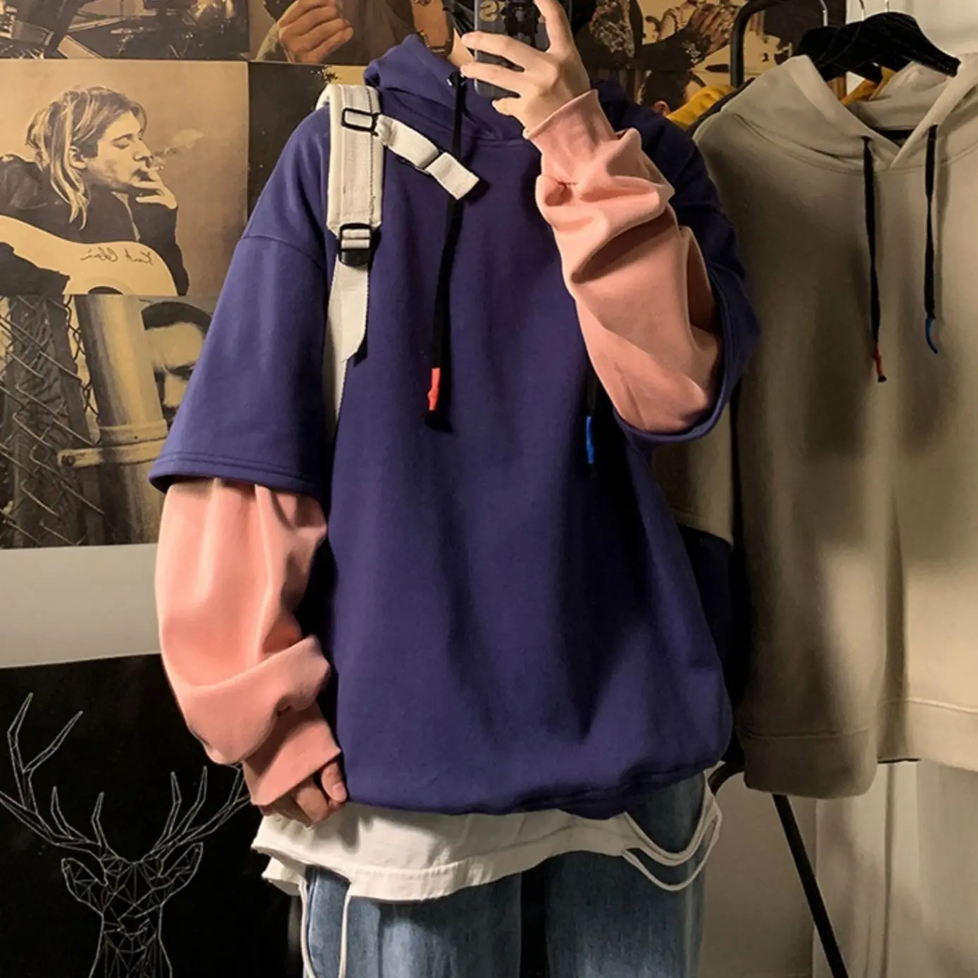2024 trend fake two hoodies men's loose casual Korean student coat 2