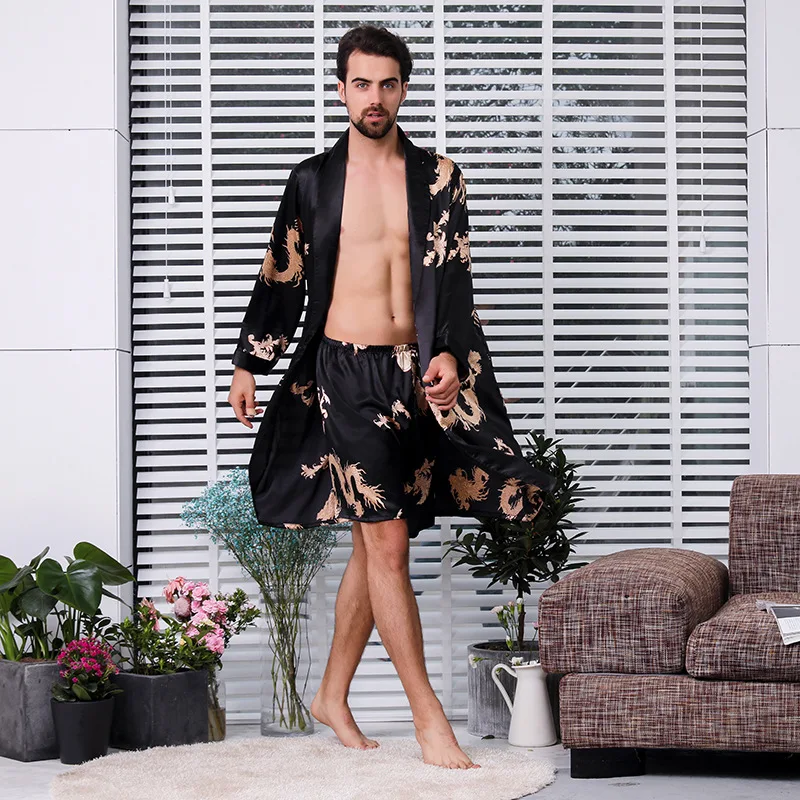 Халат+ шорты, комплект из двух предметов, шелковое кимоно для мужчин, сексуальный халат, мягкий удобный тонкий банный халат с длинными рукавами, большой размер M-5XL - Цвет: Black