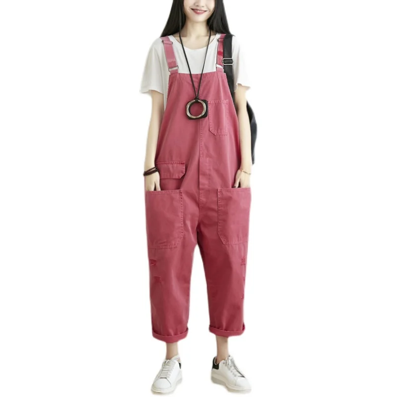 

Womens Sleeveless Cotton Rompers Spring Summer Loose Preppy Style Suspenders Pants Baggy Pocket Jumpsuit Hole Long Playsuits
