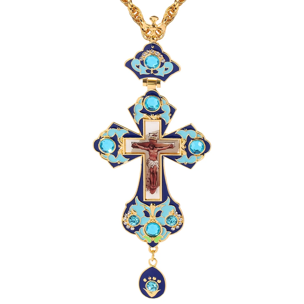 Pectoral Cross Orthodox Jesus Crucifix Pendants Gold Plated Rhinestones Chain Blue Enamel Necklace Religious | Украшения и