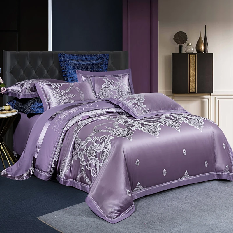 Hot 4/6 Pcs Luxury Golden Gold King Queen size Jacquard Bedding Set Satin Cotton bed Duvet Cover Bed Sheet And Pillowcases