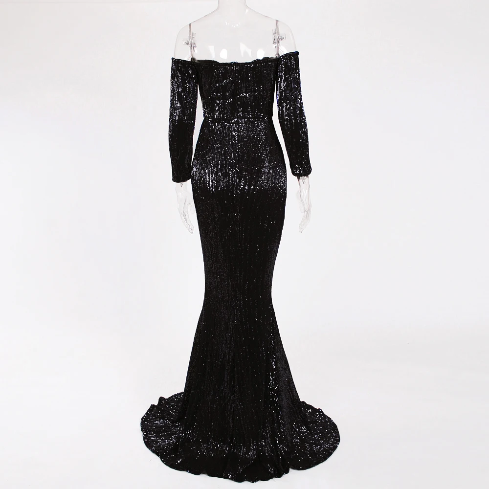 Черный Платье с блестками длинное платье эластичный с длинными рукавами длина пола закругленный воротник долго Подкладка Party долгоDress