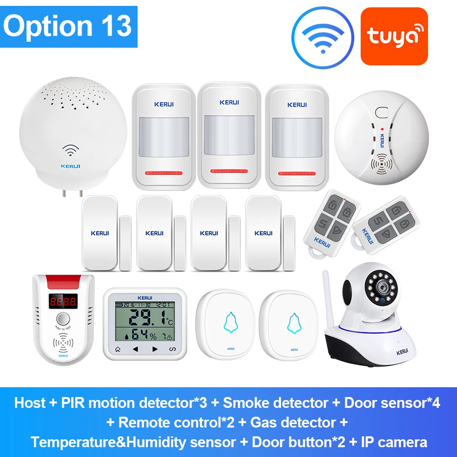 KERUI WM5221 Tuya Smart wifi домашняя система охранной сигнализации wifi дверной звонок 52 Песни приложение управление беспроводной дверной датчик охранная сигнализация - Цвет: Alarm KIT13