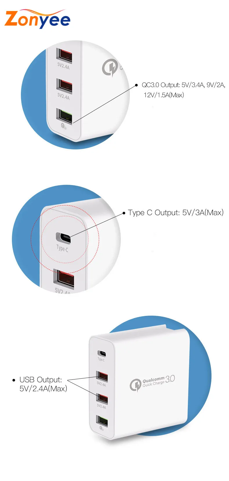 36 Вт быстрое зарядное устройство 3,0 USB-C зарядное устройство адаптер с 1 портом type-C и 3 usb портами USB адаптер питания для телефона планшета скорость зарядки