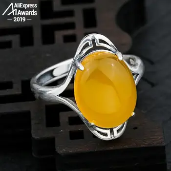 

10*14mm NOT FAKE S925 Sterling Silver Ukraine Amber Rings Exaggerated Rings health rich lithuania Retro Chalcedony