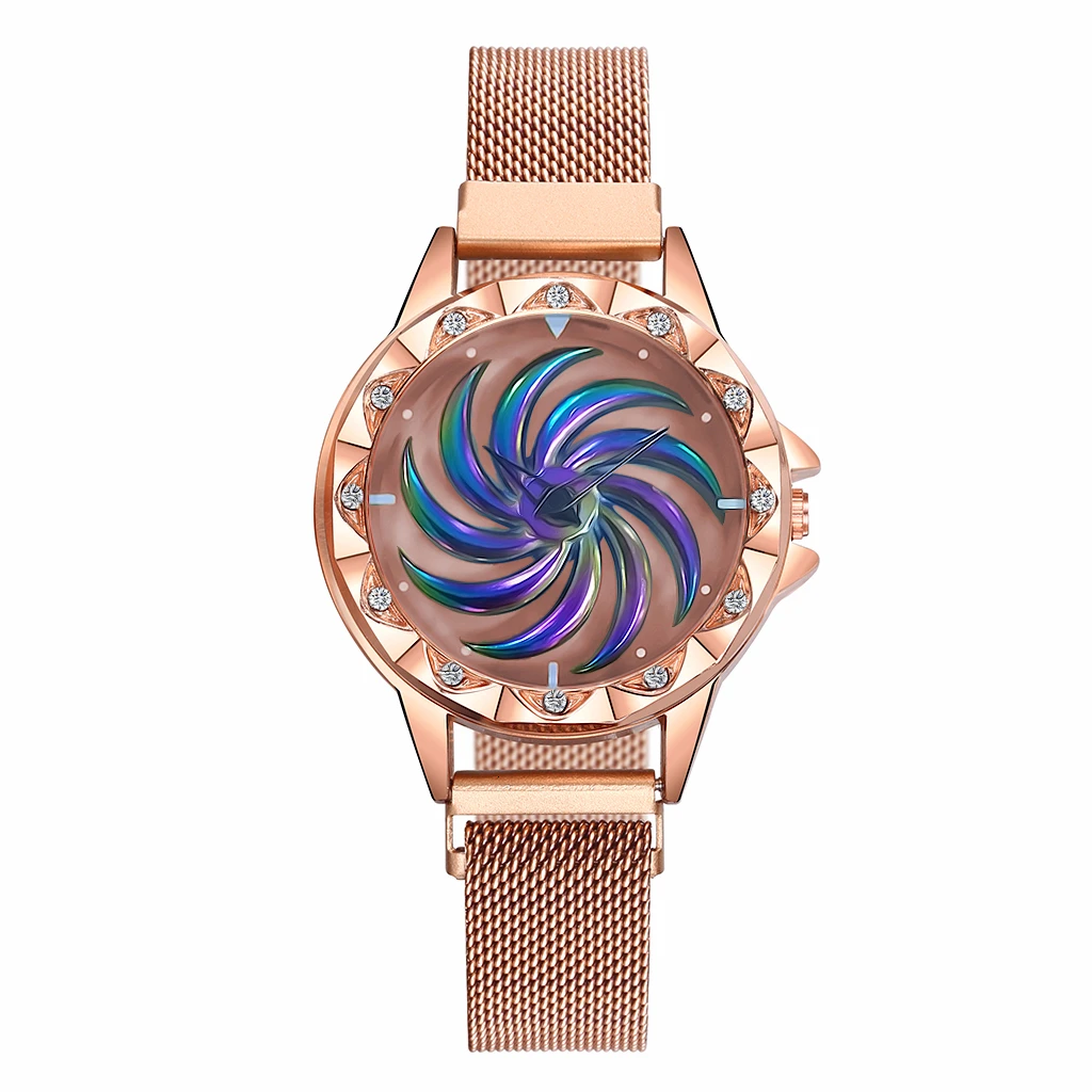 rose gold Роскошные женские вращающиеся часы с бриллиантами, модные женские магнитные часы, повседневные сетчатые стальные стразы, женские наручные часы - Цвет: rose gold