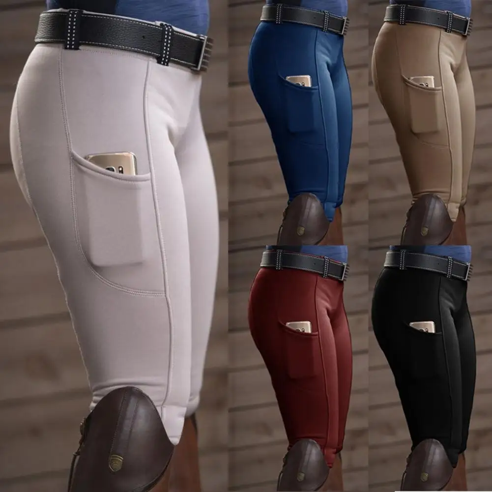 

Women Solid Color Pocket Hip Lift Elastic Equestrian Pants Horse Racing Trousers