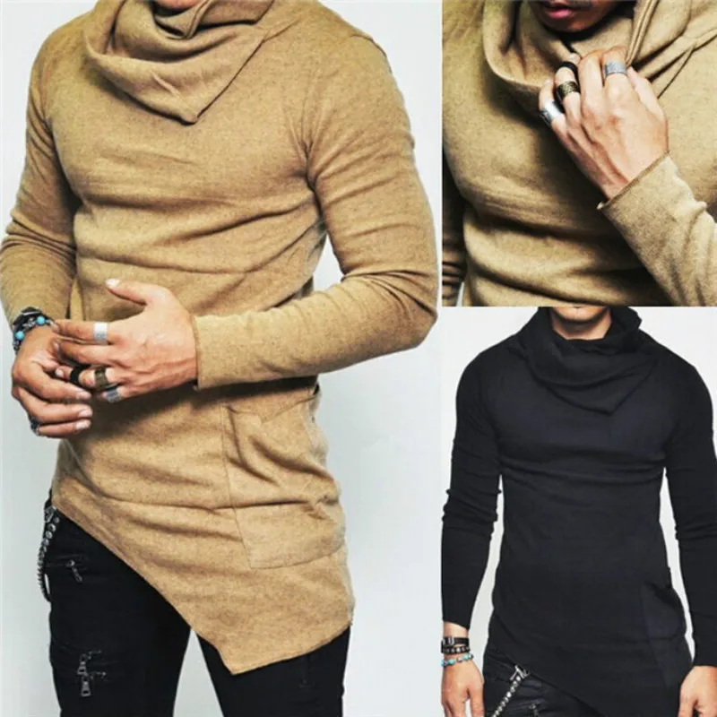 Autumn and Winter Models Men's Pile Collar Long-sleeved T-shirt Irregular Low Swing Large Size Bottoming Shirt Hip-hop | Мужская