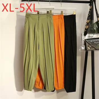 

New 2020 ladies summer plus size jogger pants for women large loose casual green yellow black fold long trousers 3XL 4XL 5XL
